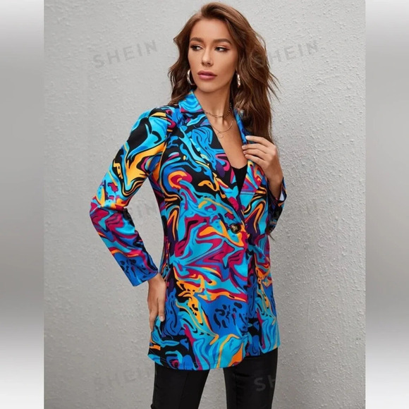 4/$25 New SHEIN Privé Graphic Print Single Button Blazer Sz M - Picture 4 of 5
